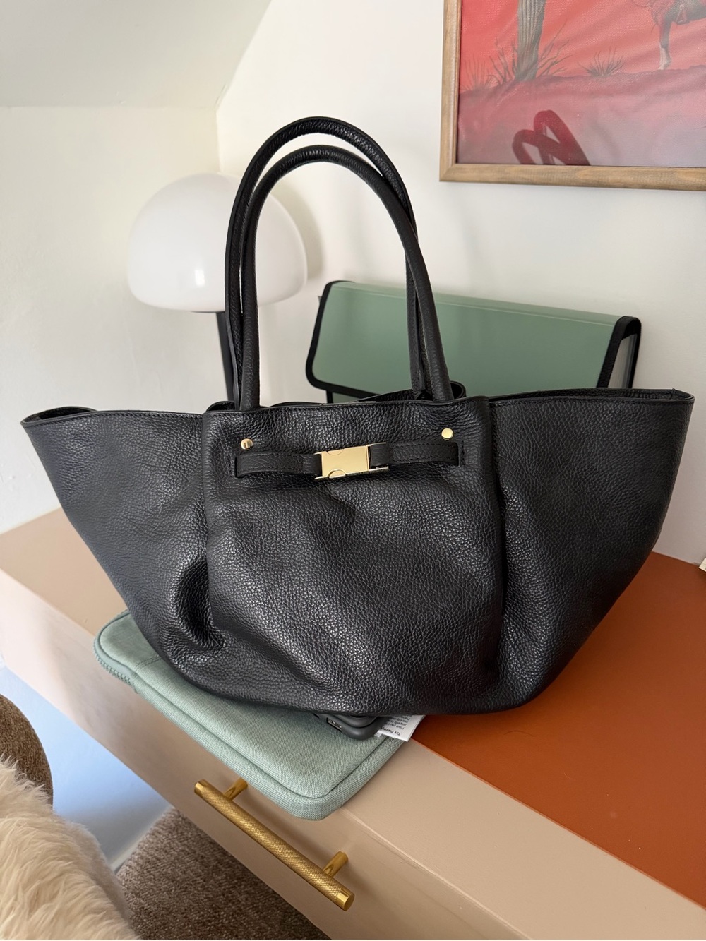Black Leather Tote Bag with Gold Accent